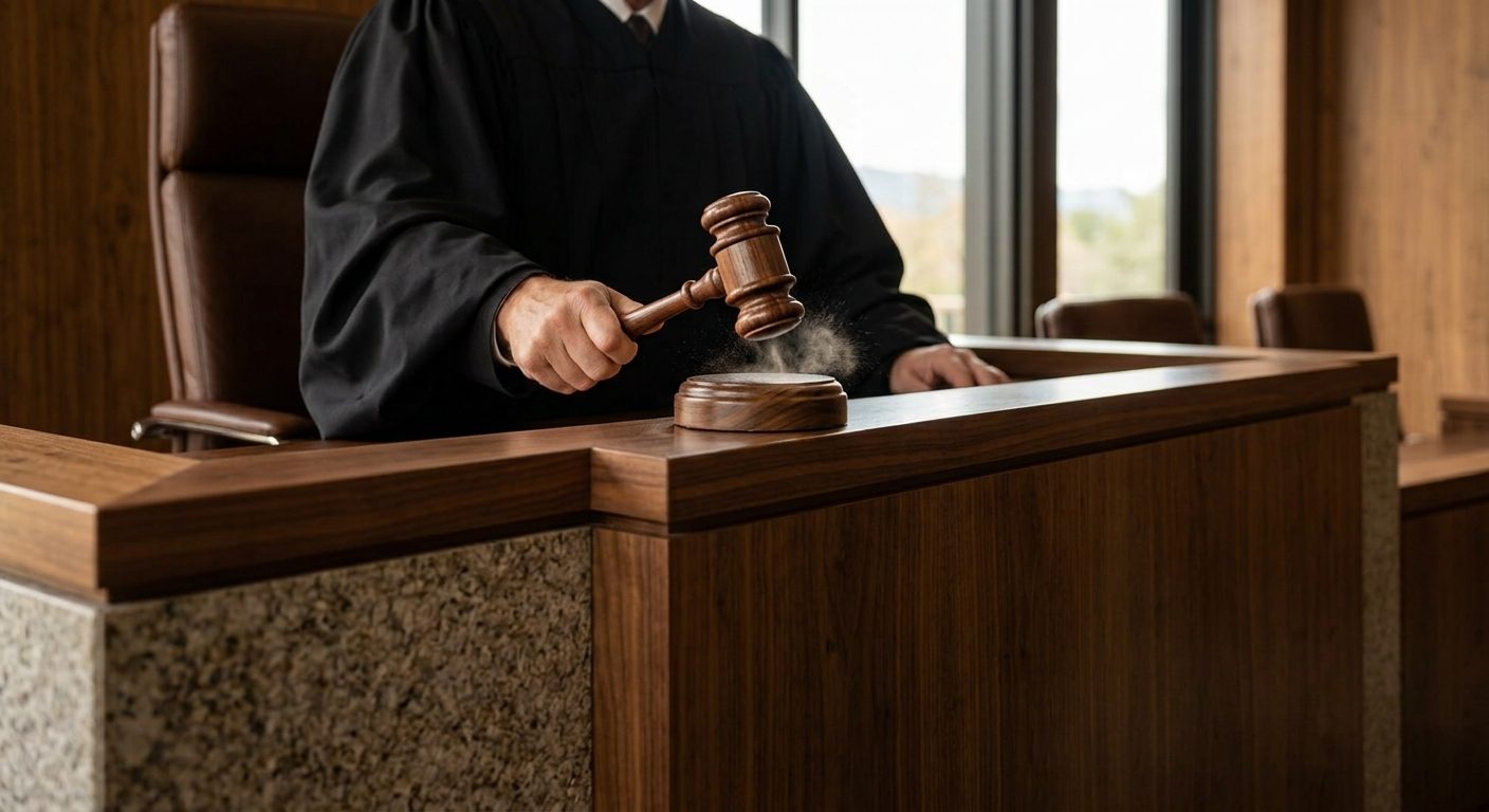A judge in black robes strikes a wooden gavel on the bench of a courtroom.