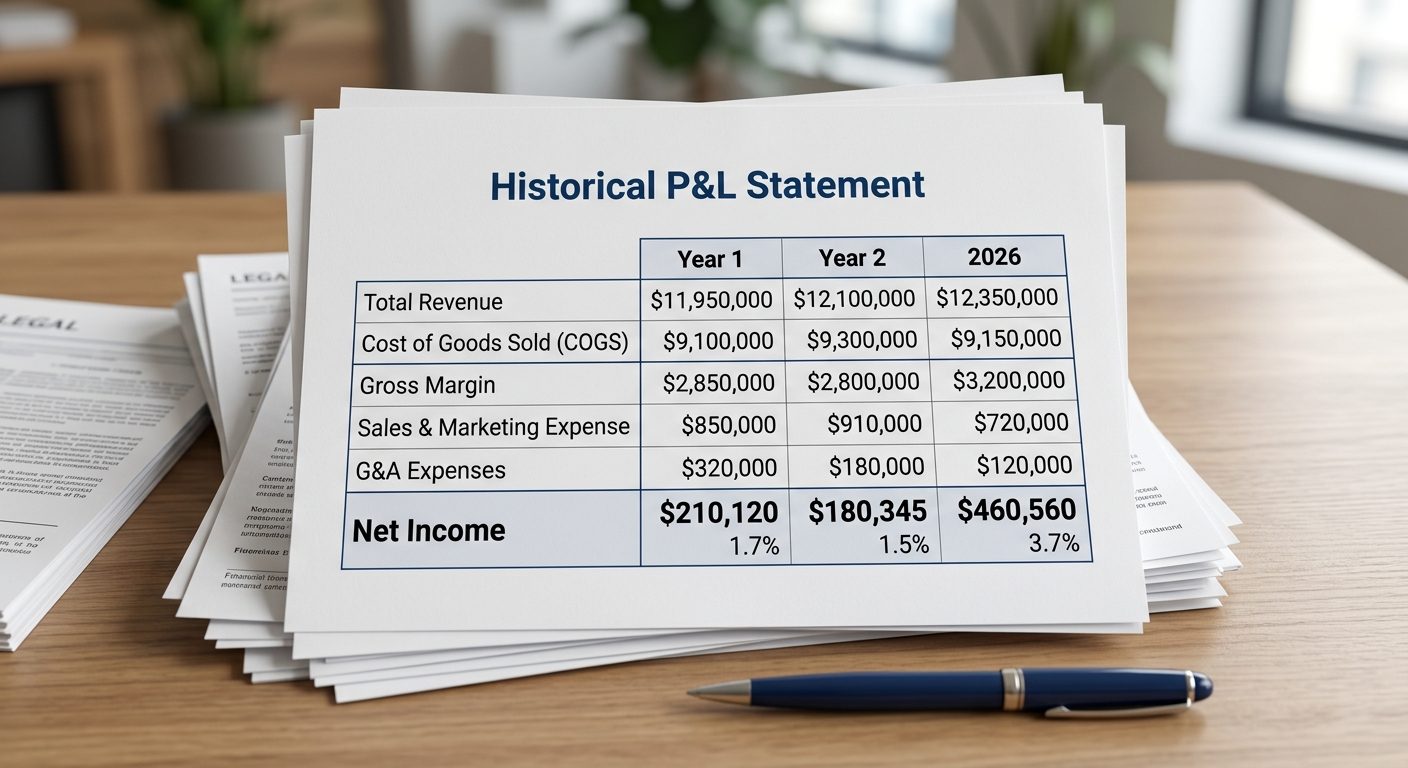 A historical P&L statement for a custom home builder on a desk, showing revenue, cost of goods sold, gross margin, sales and marketing expense, and net income rising from 1.5% to 3.7%.