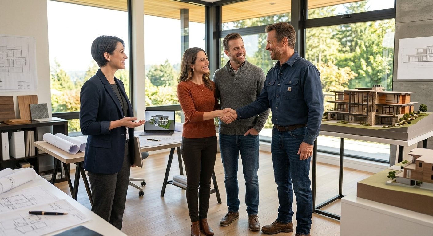 An architect introduces a homeowner couple to a custom home builder, who shakes hands with them in a bright design studio beside an architectural model of a modern home.