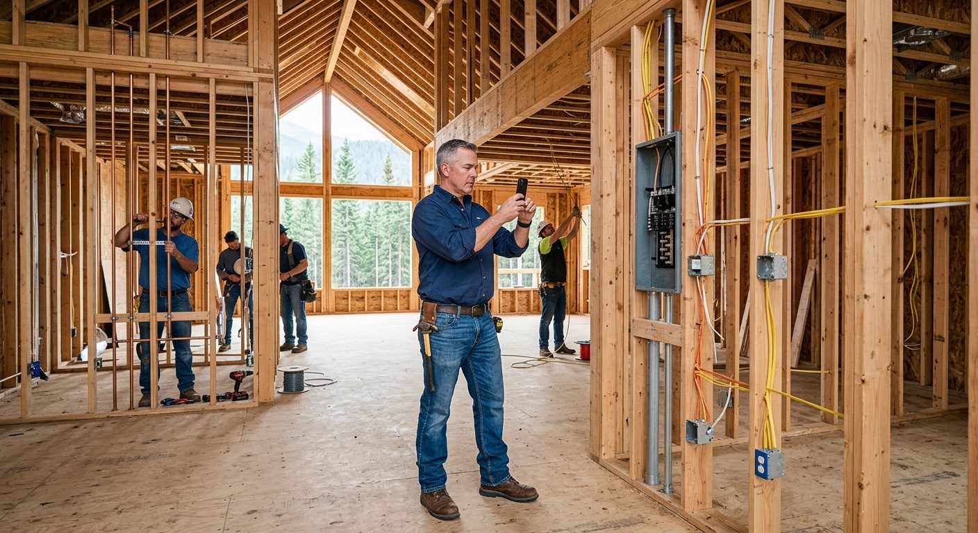 A construction superintendent photographs progress with his phone inside a framed custom home while crew members work on plumbing and electrical rough-in.