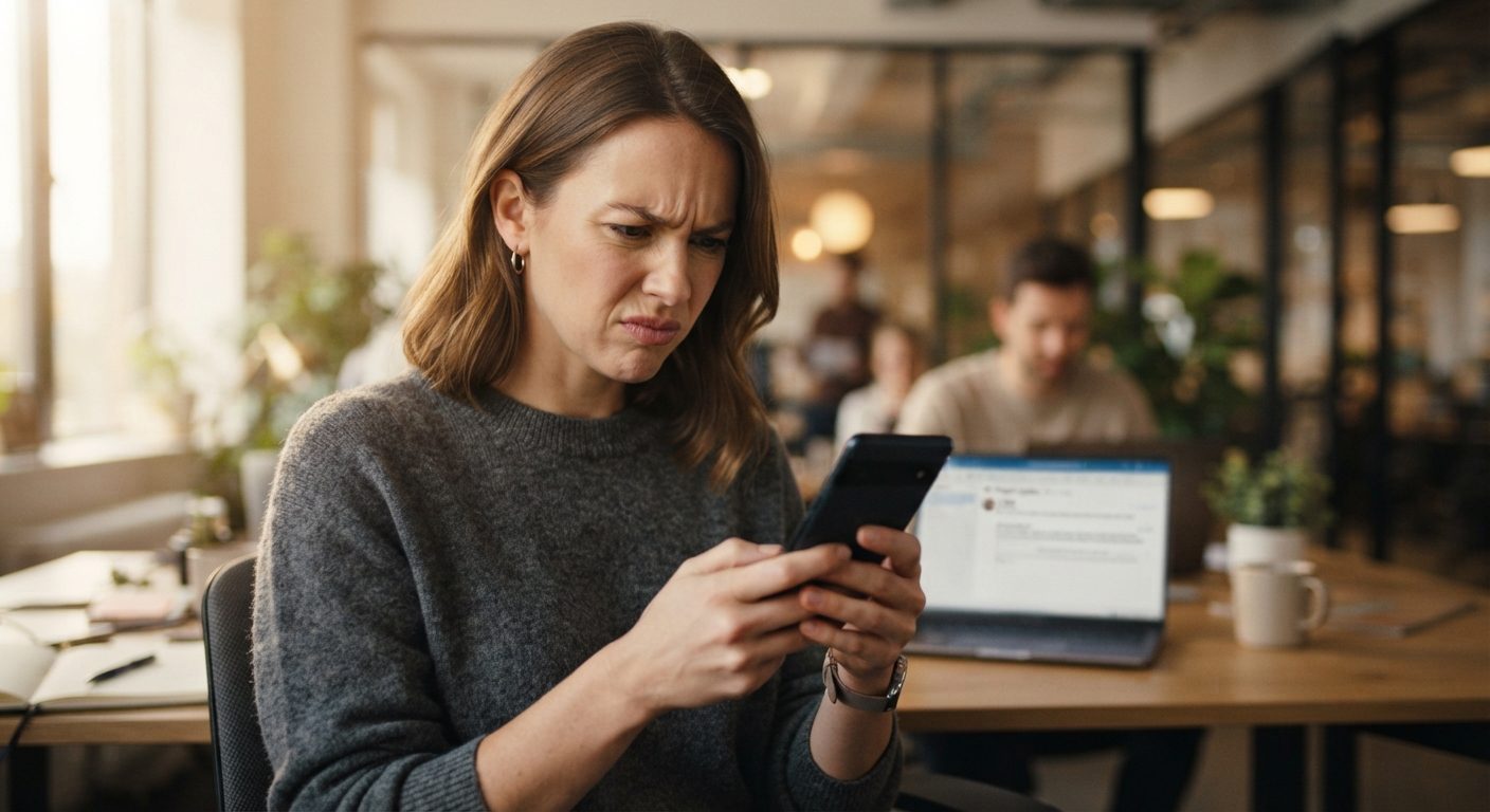 A woman frowns in confusion while reading an email on her phone in a busy office, with an open email inbox on the laptop behind her.